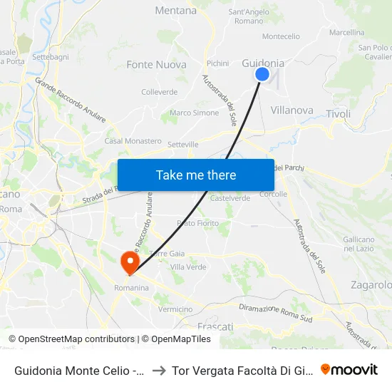 Guidonia Monte Celio - Sant'Angelo to Tor Vergata Facoltà Di Giurisprudenza map