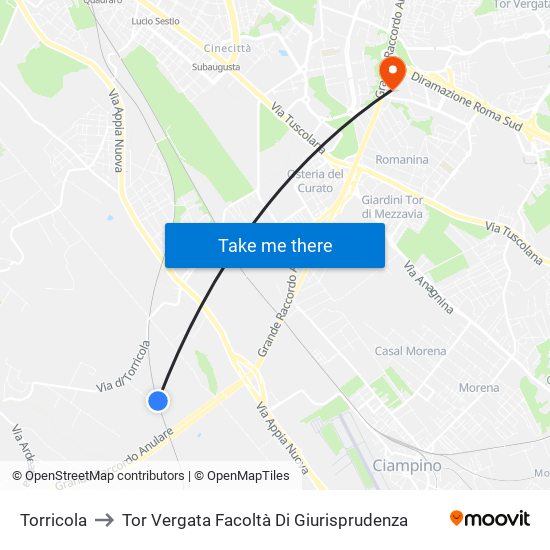 Torricola to Tor Vergata Facoltà Di Giurisprudenza map