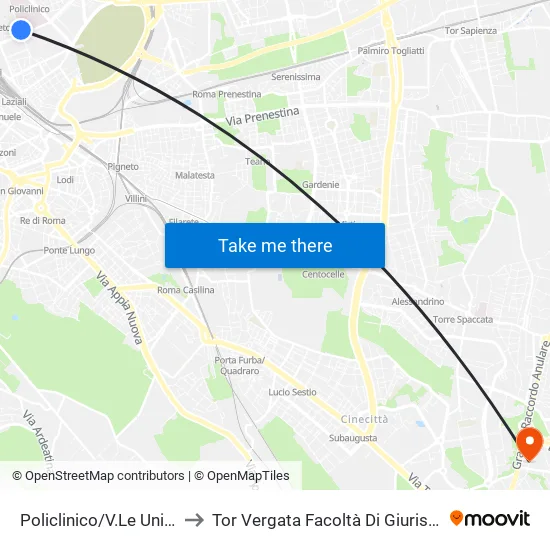 Policlinico/V.Le Università to Tor Vergata Facoltà Di Giurisprudenza map