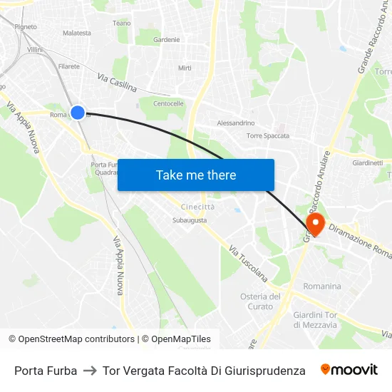 Porta Furba to Tor Vergata Facoltà Di Giurisprudenza map