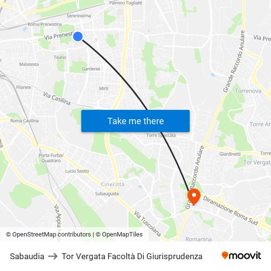 Sabaudia to Tor Vergata Facoltà Di Giurisprudenza map