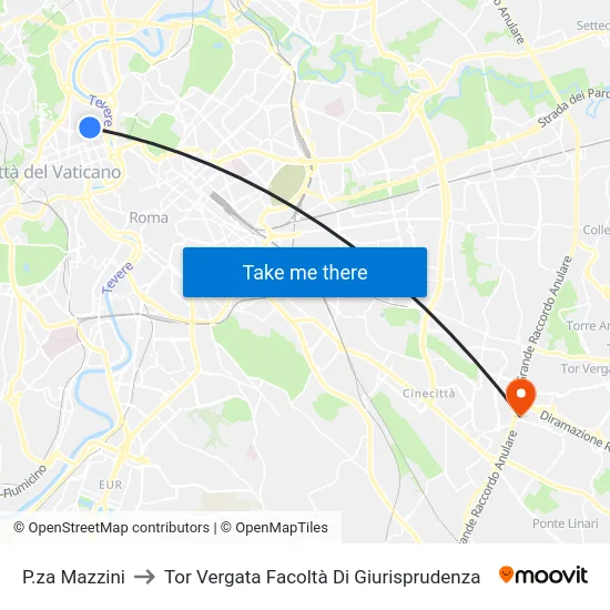 P.za Mazzini to Tor Vergata Facoltà Di Giurisprudenza map
