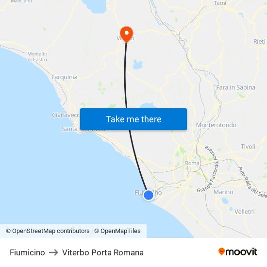 Fiumicino to Viterbo Porta Romana map