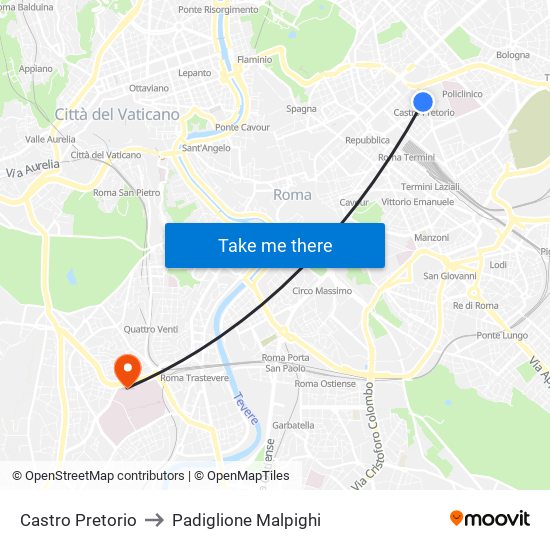 Castro Pretorio to Padiglione Malpighi map