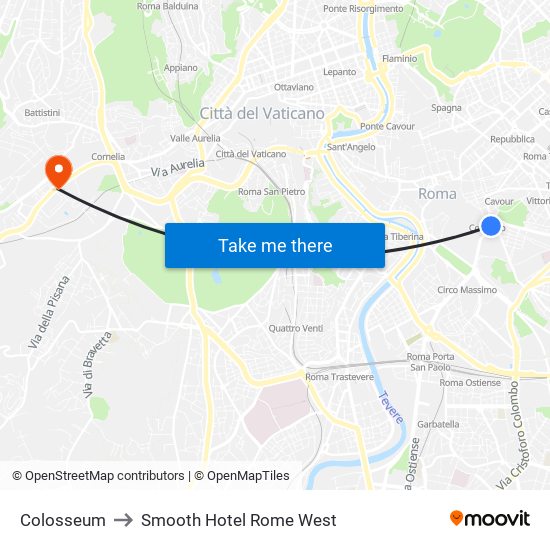 Colosseum to Smooth Hotel Rome West map