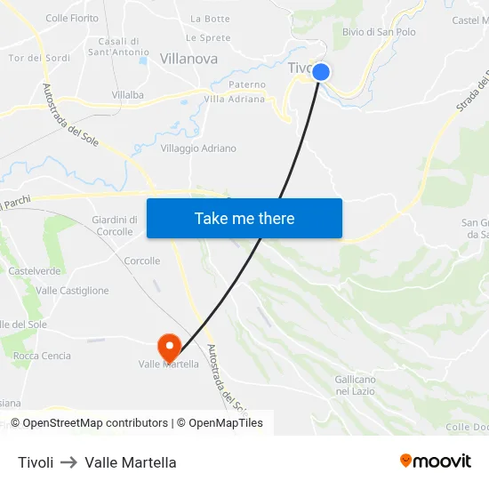 Tivoli to Valle Martella map