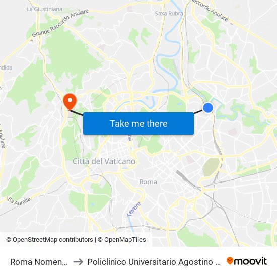 Roma Nomentana to Policlinico Universitario Agostino Gemelli map