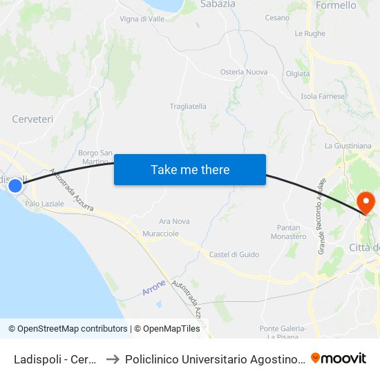 Ladispoli - Cerveteri to Policlinico Universitario Agostino Gemelli map