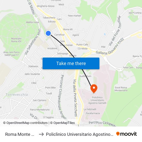 Roma Monte Mario to Policlinico Universitario Agostino Gemelli map