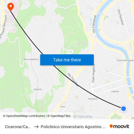 Cicerone/Cavour to Policlinico Universitario Agostino Gemelli map