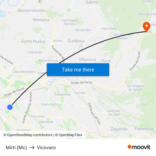 Mirti (Mc) to Vicovaro map