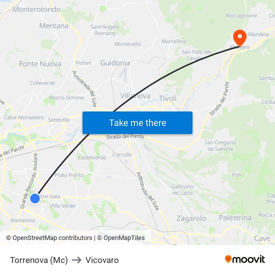 Torrenova (Mc) to Vicovaro map