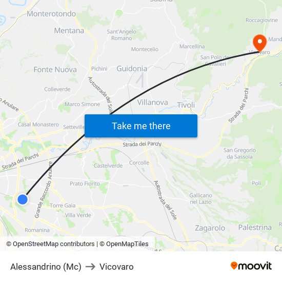 Alessandrino (Mc) to Vicovaro map