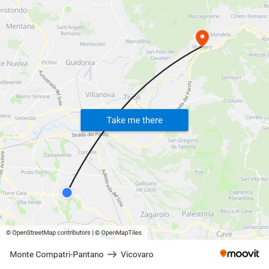 Monte Compatri-Pantano to Vicovaro map