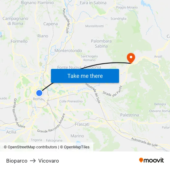 Bioparco to Vicovaro map