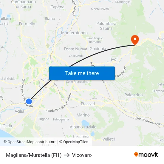 Magliana/Muratella (Fl1) to Vicovaro map