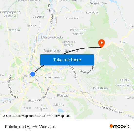 Policlinico Hospital to Vicovaro map