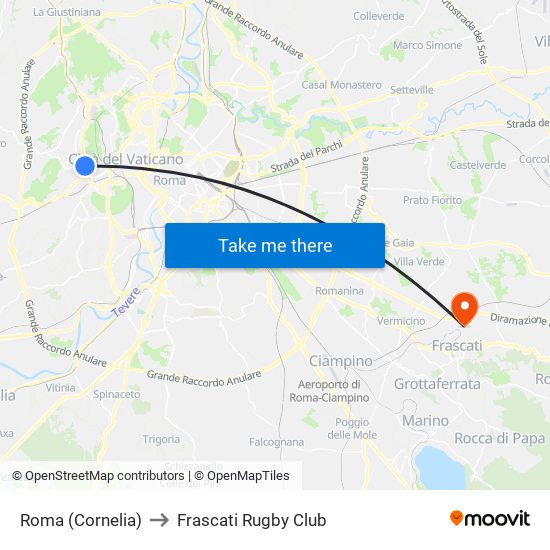 Roma (Cornelia) to Frascati Rugby Club map