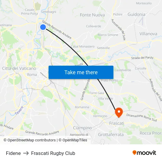 Fidene to Frascati Rugby Club map