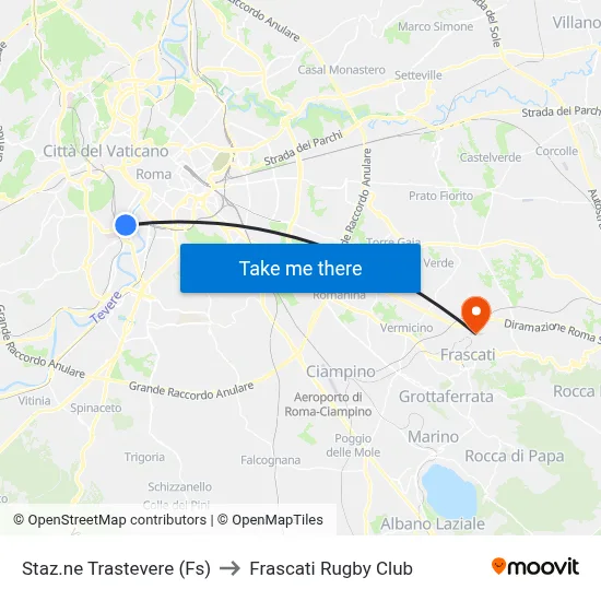 Trastevere Station (Rail) to Frascati Rugby Club map