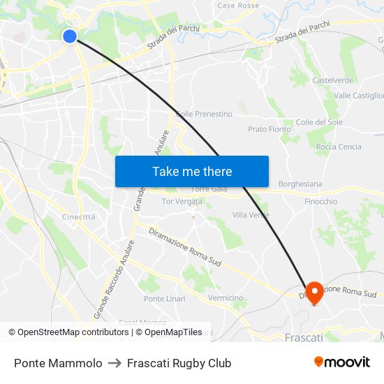 Ponte Mammolo to Frascati Rugby Club map