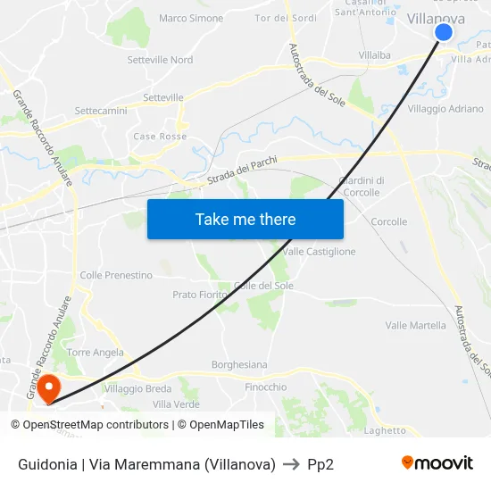 Guidonia | Maremmana Street (Villanova) to PP2 map