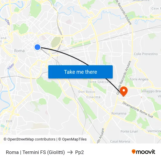 Rome Termini Station (Giolitti) to PP2 map