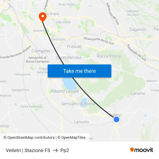 Velletri Train Station to PP2 map