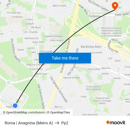 Rome | Anagnina (Metro A) to PP2 map