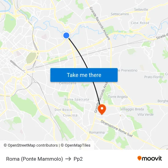 Rome (Ponte Mammolo) to PP2 map