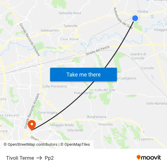Tivoli Terme to PP2 map
