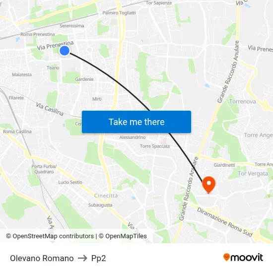 Olevano Romano to PP2 map