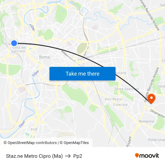 Cipro Metro Station (Line A) to PP2 map