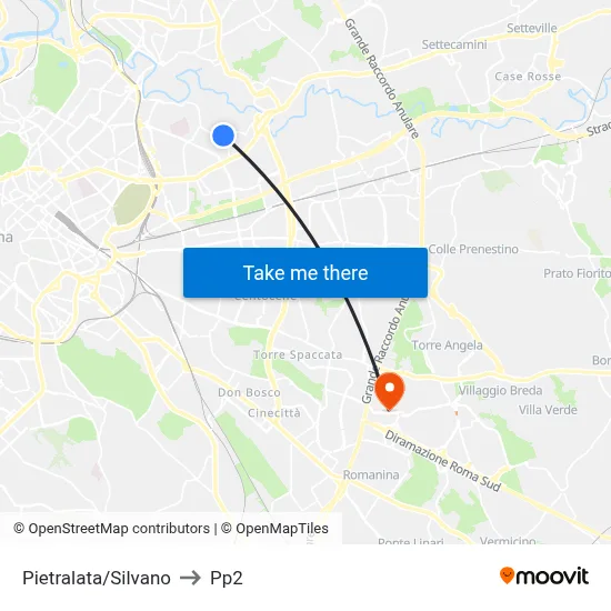 Pietralata/Silvano to PP2 map