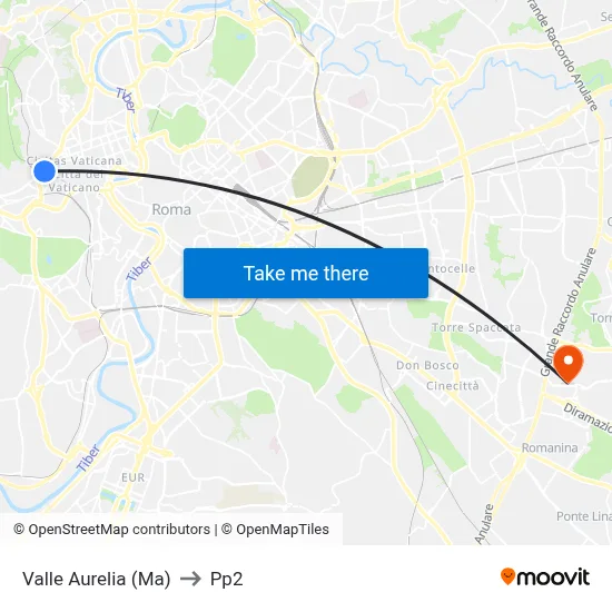 Valle Aurelia (Metro) to PP2 map