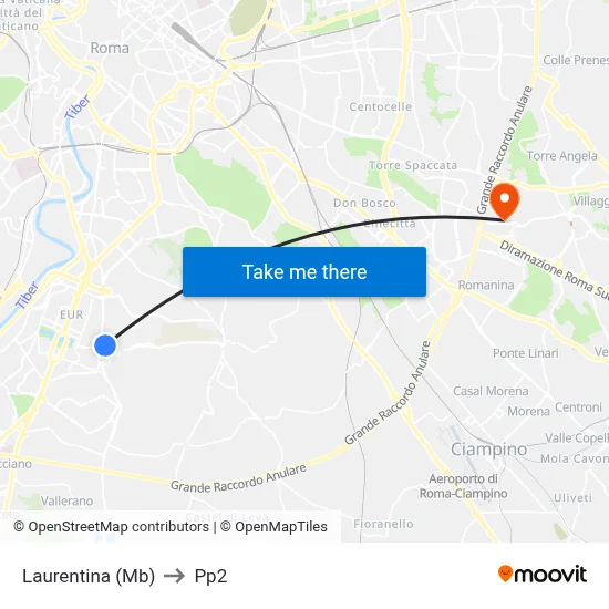 Laurentina (Metro B) to PP2 map
