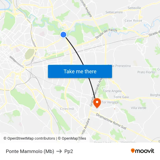 Ponte Mammolo (Metro B) to PP2 map