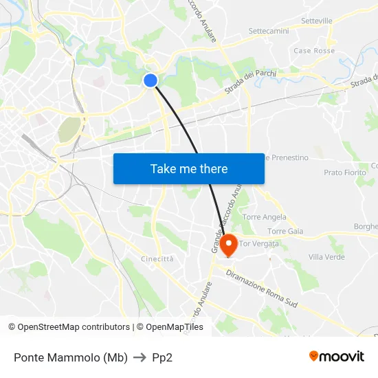 Ponte Mammolo (Metro B) to PP2 map