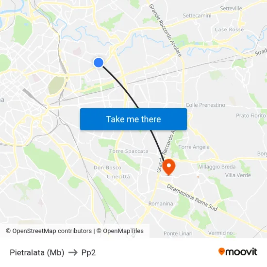 Pietralata (Metro B) to PP2 map