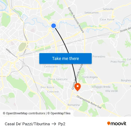 Casal De' Pazzi/Tiburtina to PP2 map