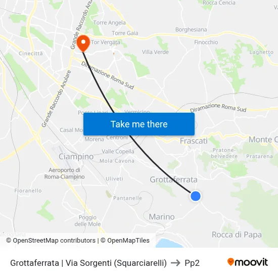 Grottaferrata | Sorgenti Street (Squarciarelli) to PP2 map