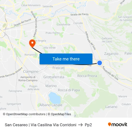 San Cesareo via Casilina via Corridoni to PP2 map