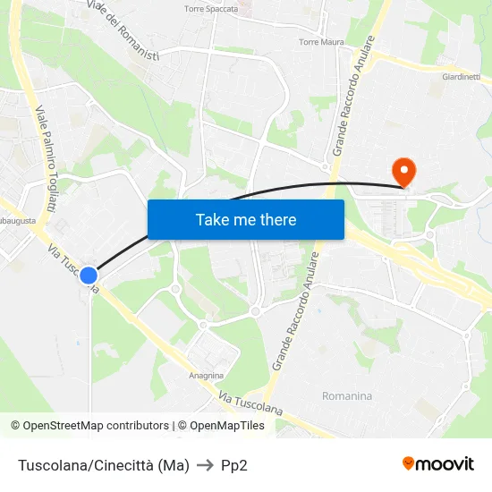 Tuscolana/Cinecittà (Metro) to PP2 map