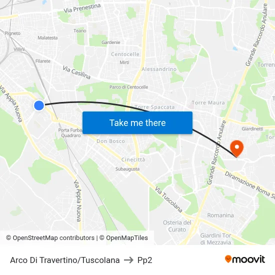 Travertine Arch/Tuscolana to PP2 map