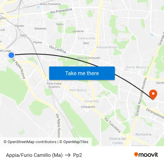 Appia/Furio Camillo (Metro A) to PP2 map