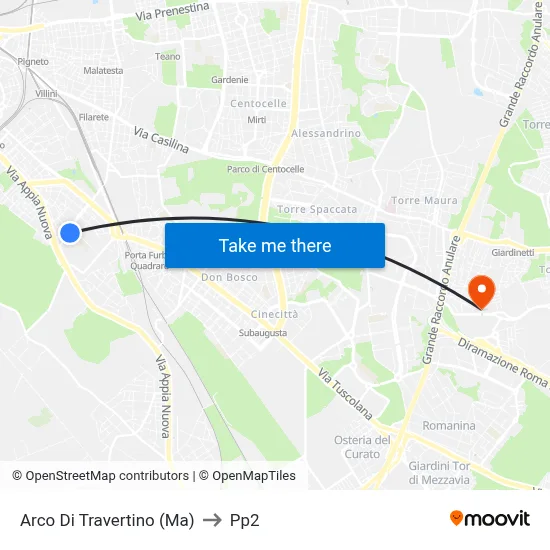 Arco Di Travertino (Metro A) to PP2 map