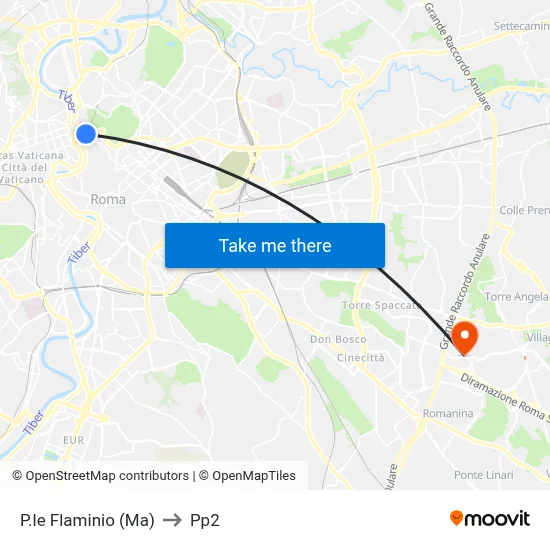 Piazzale Flaminio (Metro) to PP2 map