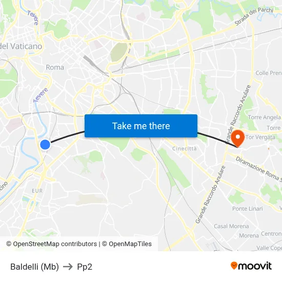 Baldelli (Metro B) to PP2 map