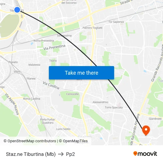 Tiburtina Station (Metro B) to PP2 map