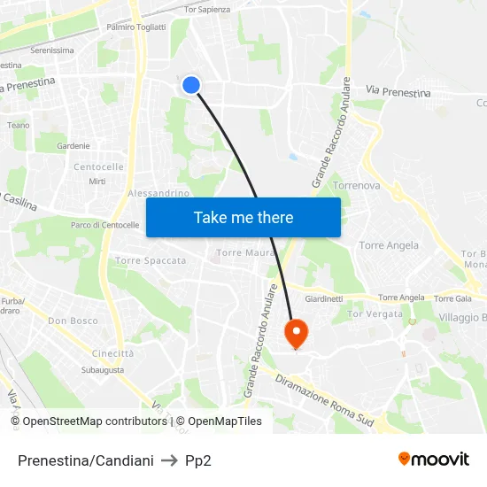 Prenestina/Candiani to PP2 map